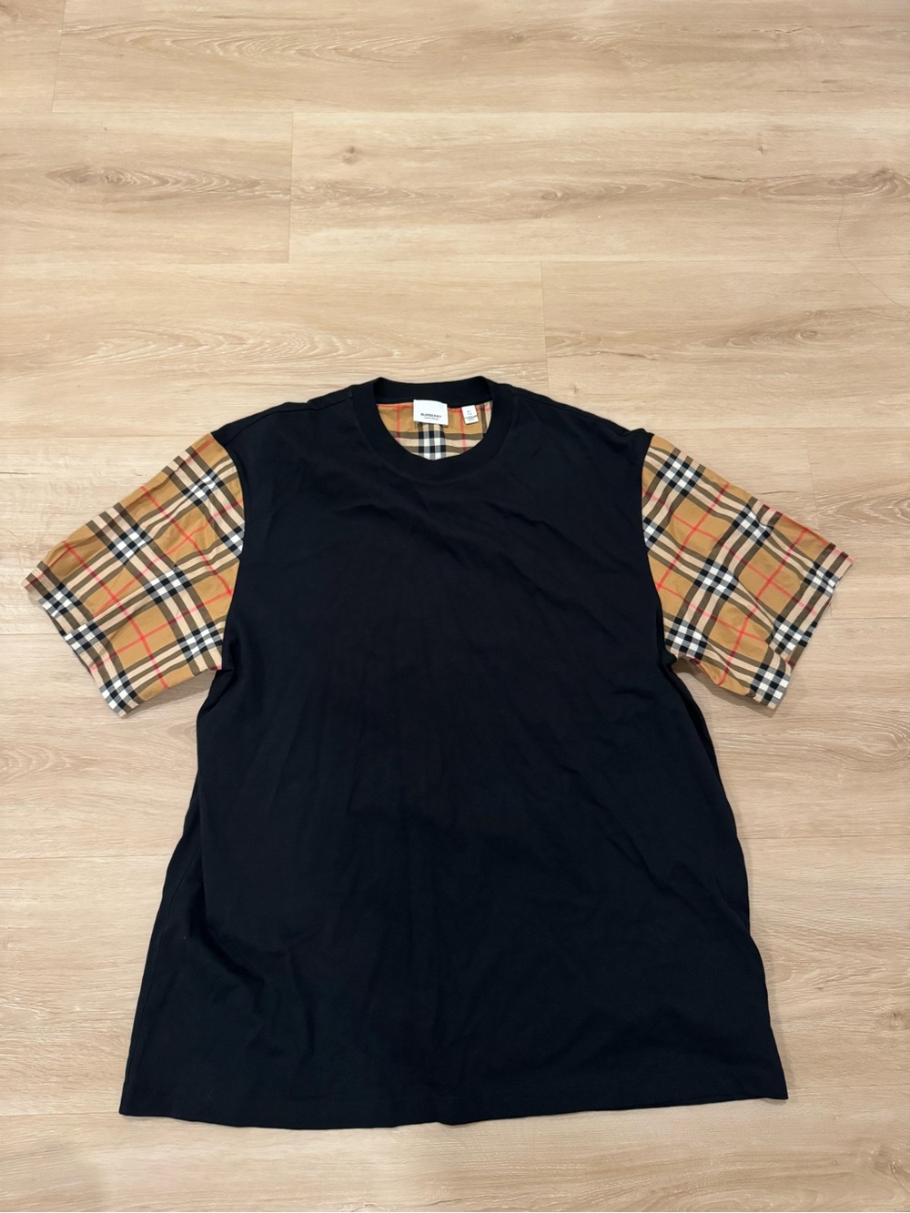 Burberry Black Tee with Tan Plaid Short Sleeves